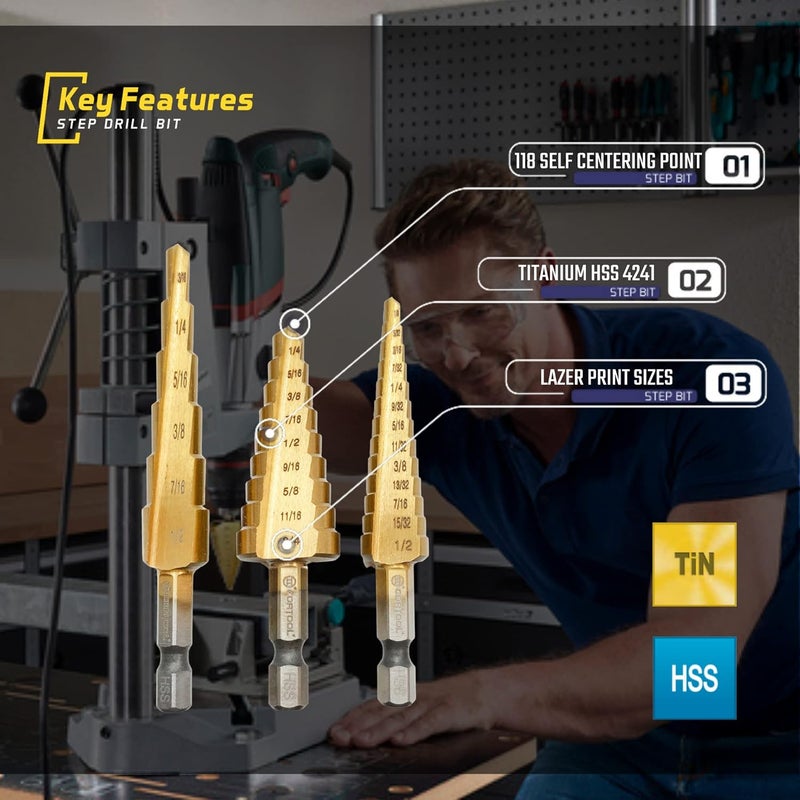 Cortool Titanium Step Drill Bit Set - 3PCS High Speed Steel Unibit, 1/4" Shank, Total 28 Sizes 3/16" - 1/2" - Image 2